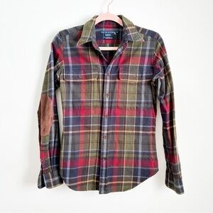 Ralph Lauren Blue Green Plaid Button Down Shirt w Brown Suede Elbow Patches sz 6